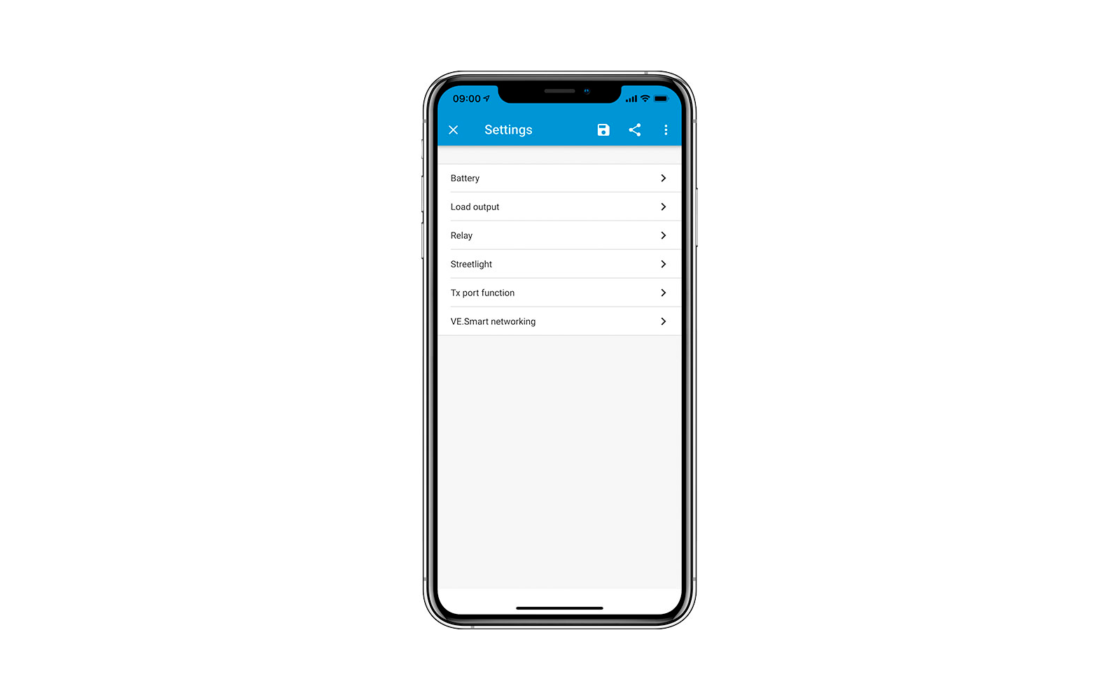 Smartphone met geopend instellingenmenu waarin profielopties worden weergegeven
