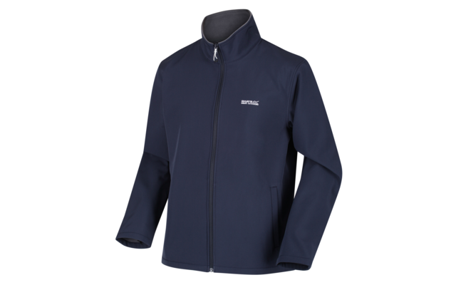 Donkerblauwe softshell jas met ritssluiting en opstaande kraag