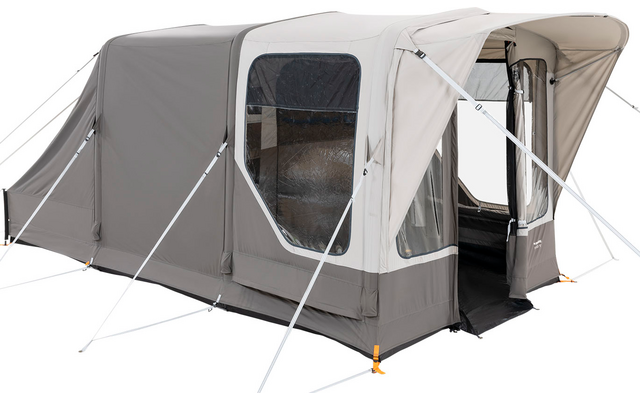 Aufblasbares graues und weißes Camping-Zelt mit großer Eingangstür und Fenstern