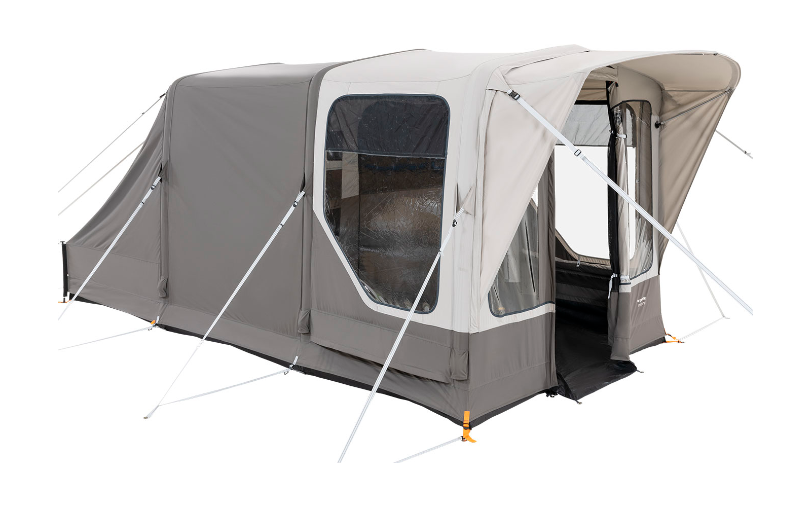 Aufblasbares graues und weißes Camping-Zelt mit großer Eingangstür und Fenstern