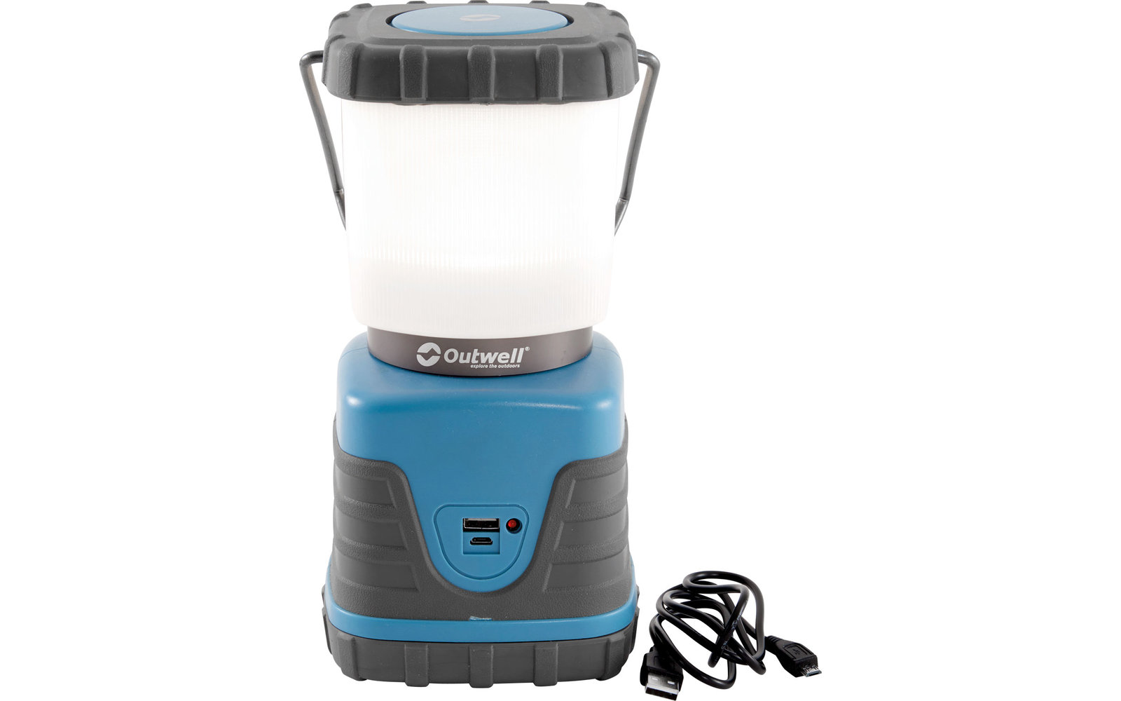 Blaue und graue Campinglaterne mit Kabel auf weißem Hintergrund