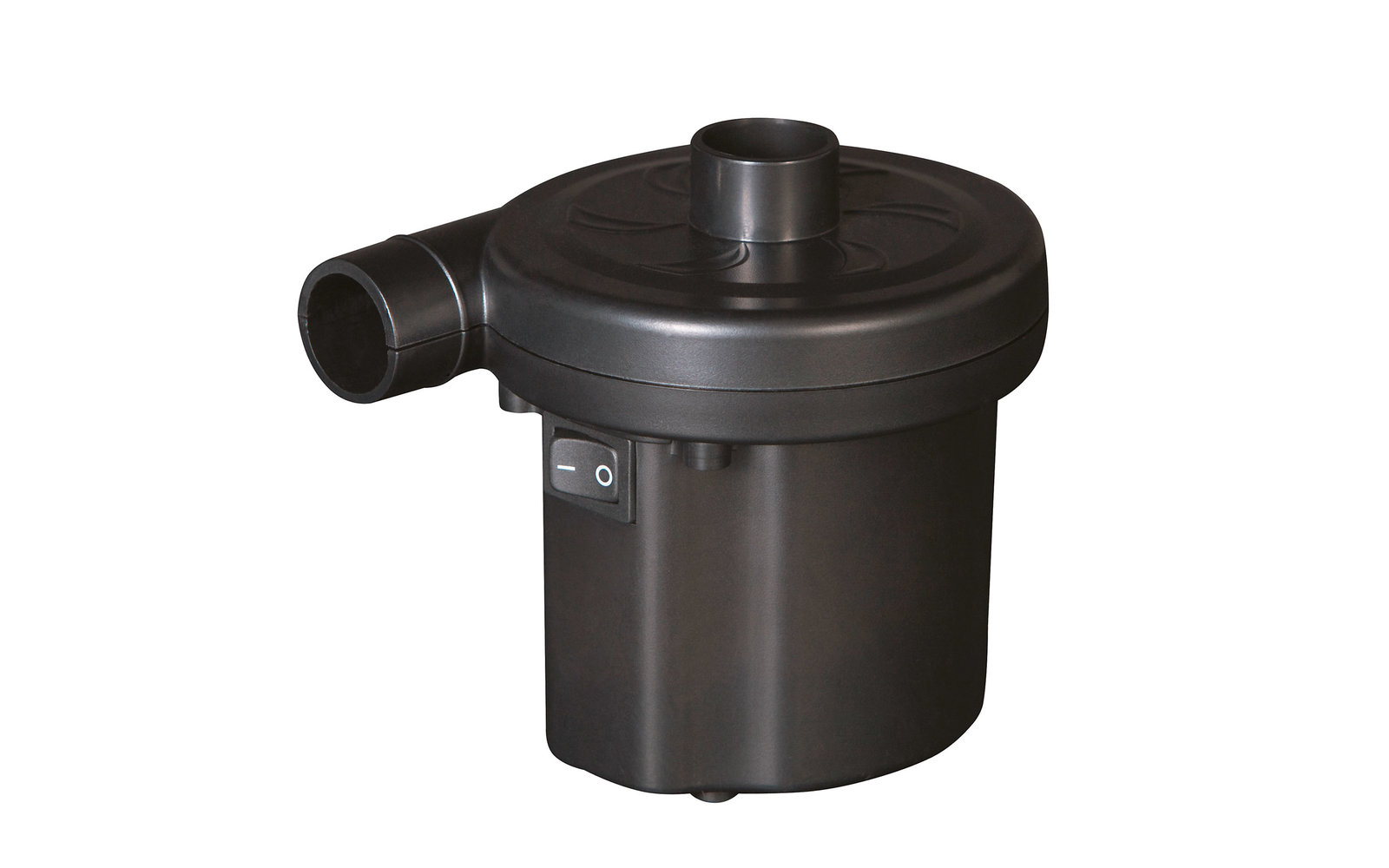 Black electric air pump with cylindrical body and two pipe connections