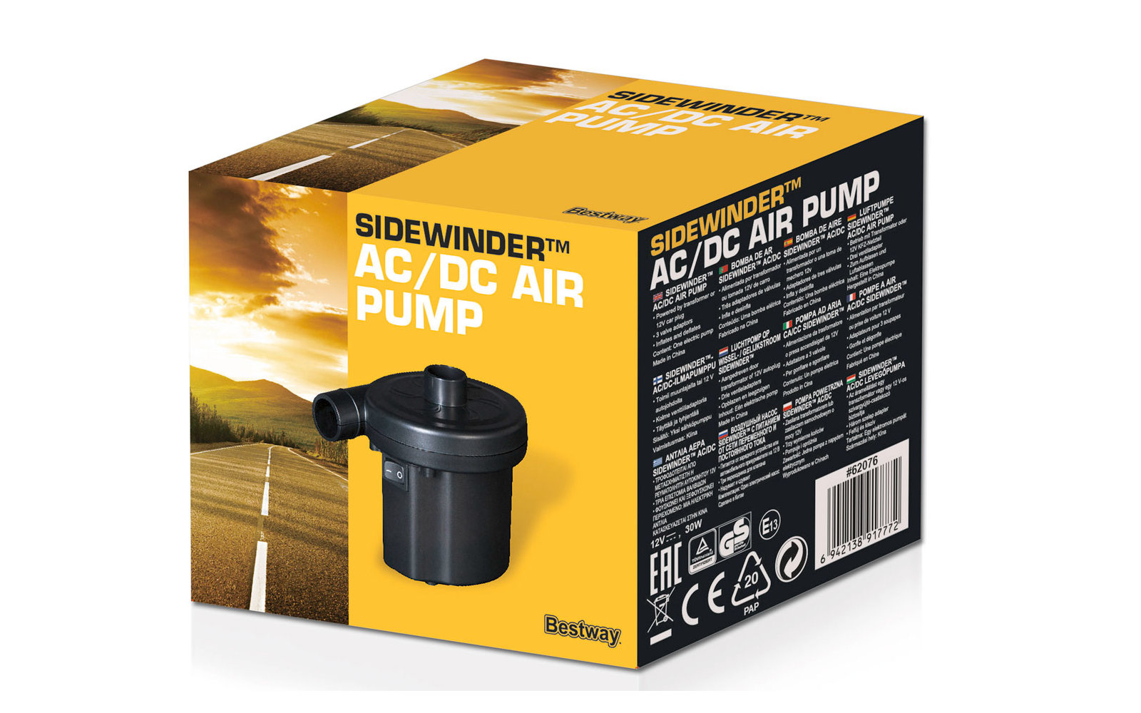 Product packaging of a Sidewinder AC/DC air pump with a black pump on a yellow background