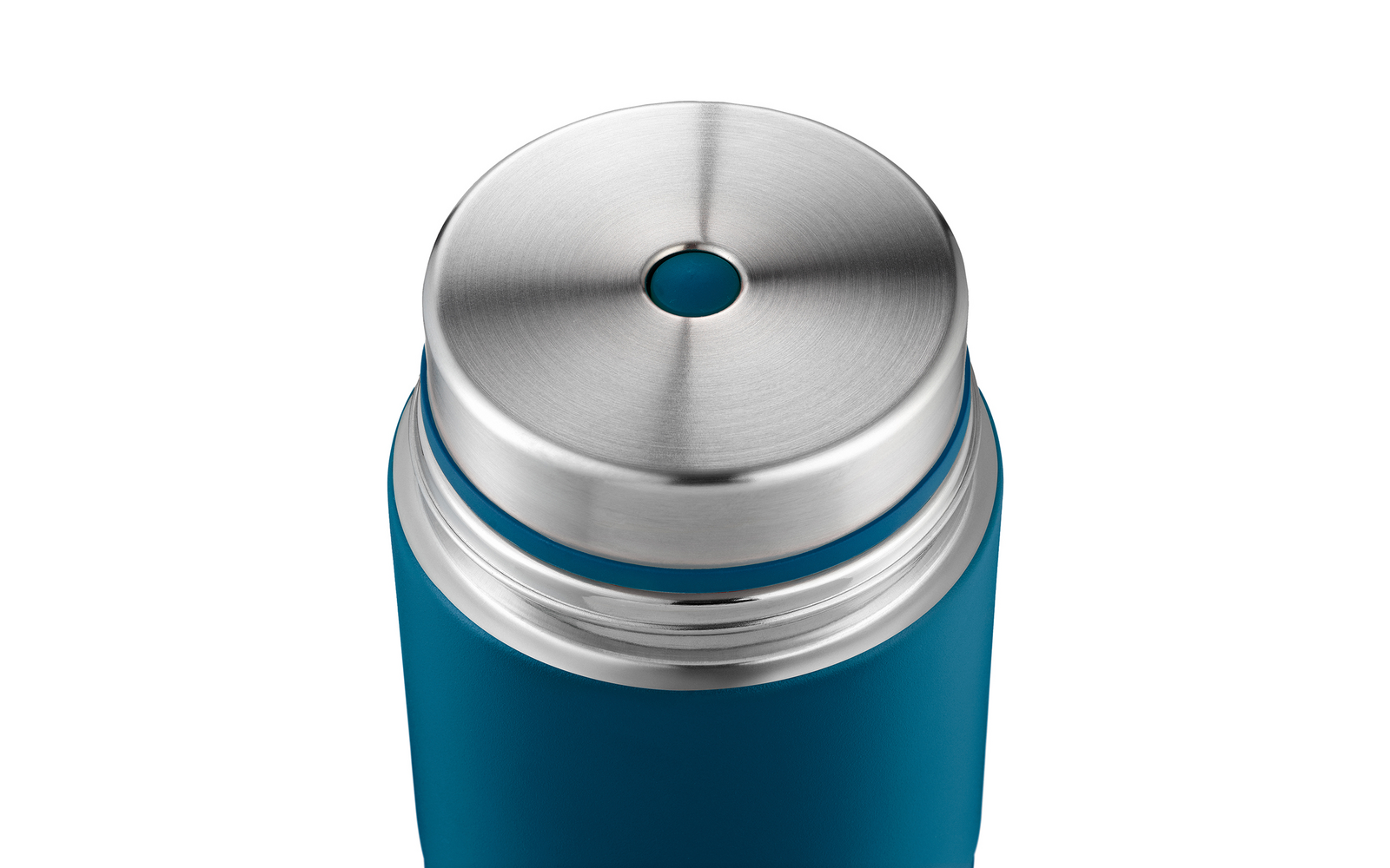 Nahaufnahme einer offenen blauen Thermosflasche mit silbernem Deckel