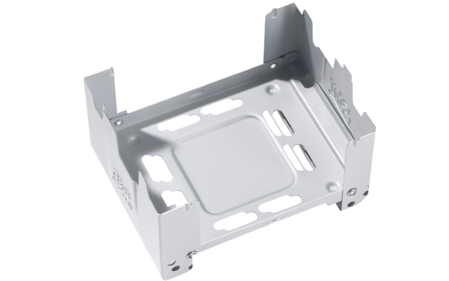 Metal bracket with multiple cutouts and mounting tabs on white background