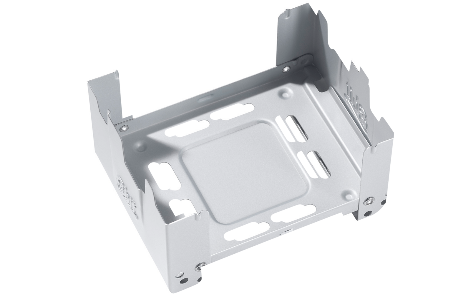 Metal bracket with multiple cutouts and mounting tabs on white background