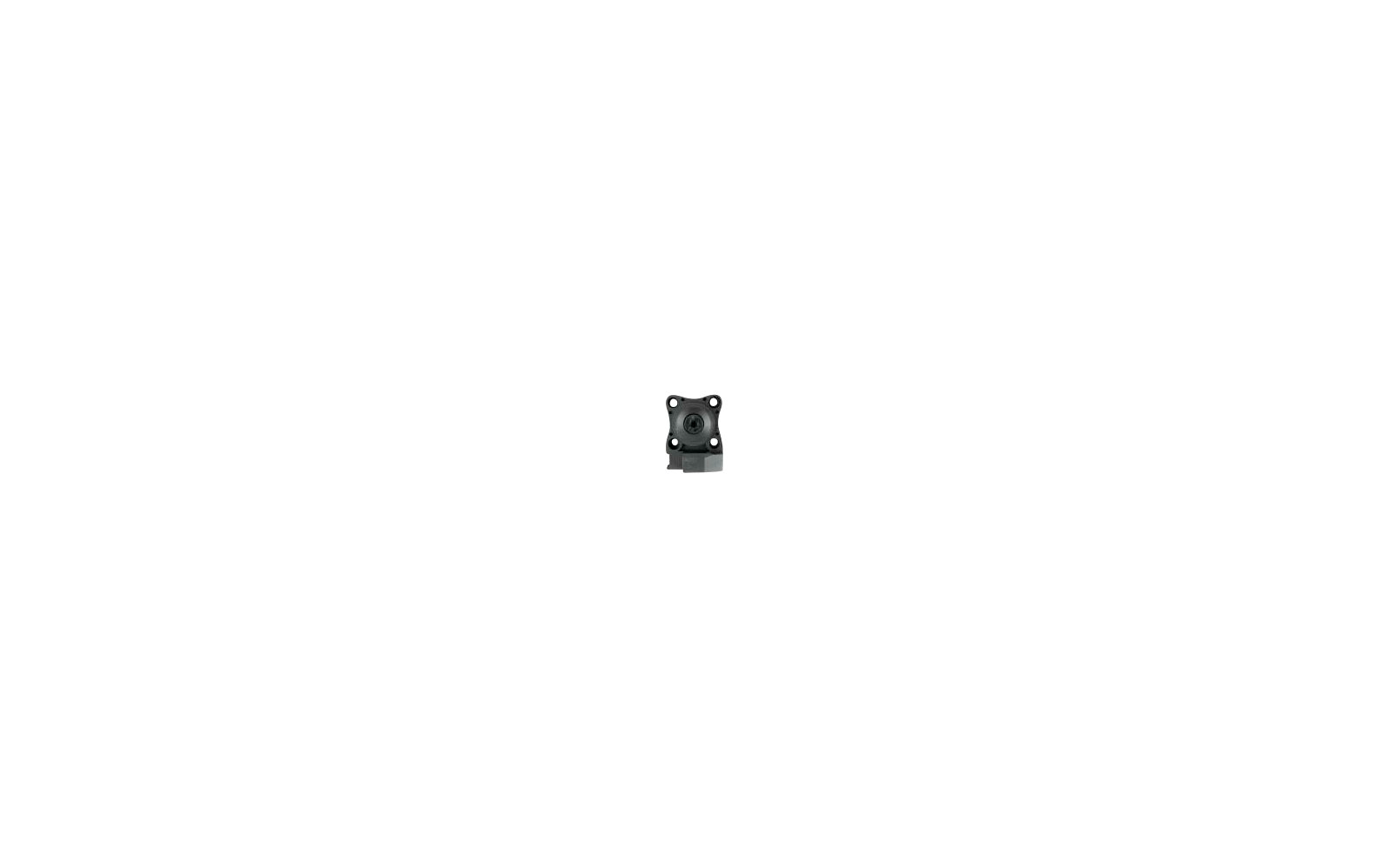 Small black mechanical component with round and rectangular elements on a white background