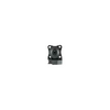 Small black mechanical component with round and rectangular elements on a white background