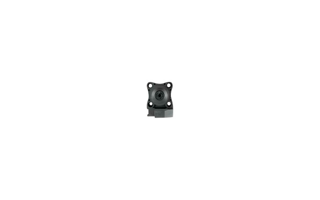 Small black mechanical component with round and rectangular elements on a white background