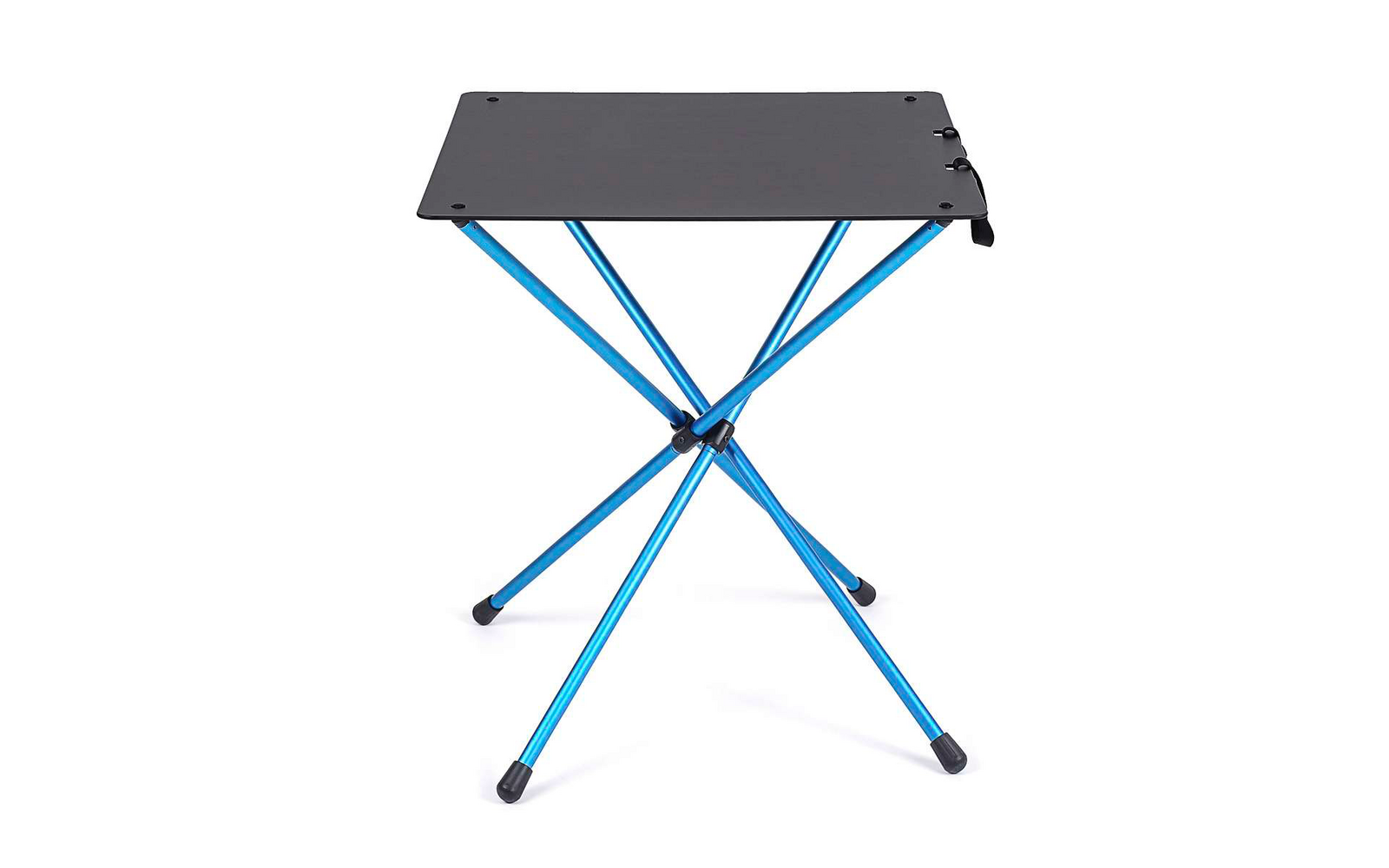 Klapphocker mit blauem Gestell und schwarzer Sitzfläche