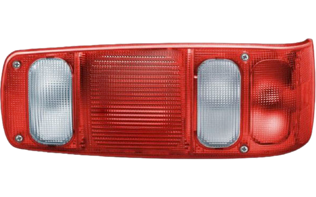 Rode reflector en achterlicht van een voertuig met twee witte lampen