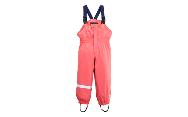 Pantalones de lluvia impermeables rosas para niños con tirantes negros ajustables y banda reflectante en la pierna