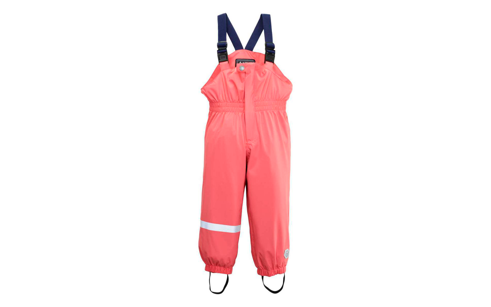 Pantalones de lluvia impermeables rosas para niños con tirantes negros ajustables y banda reflectante en la pierna