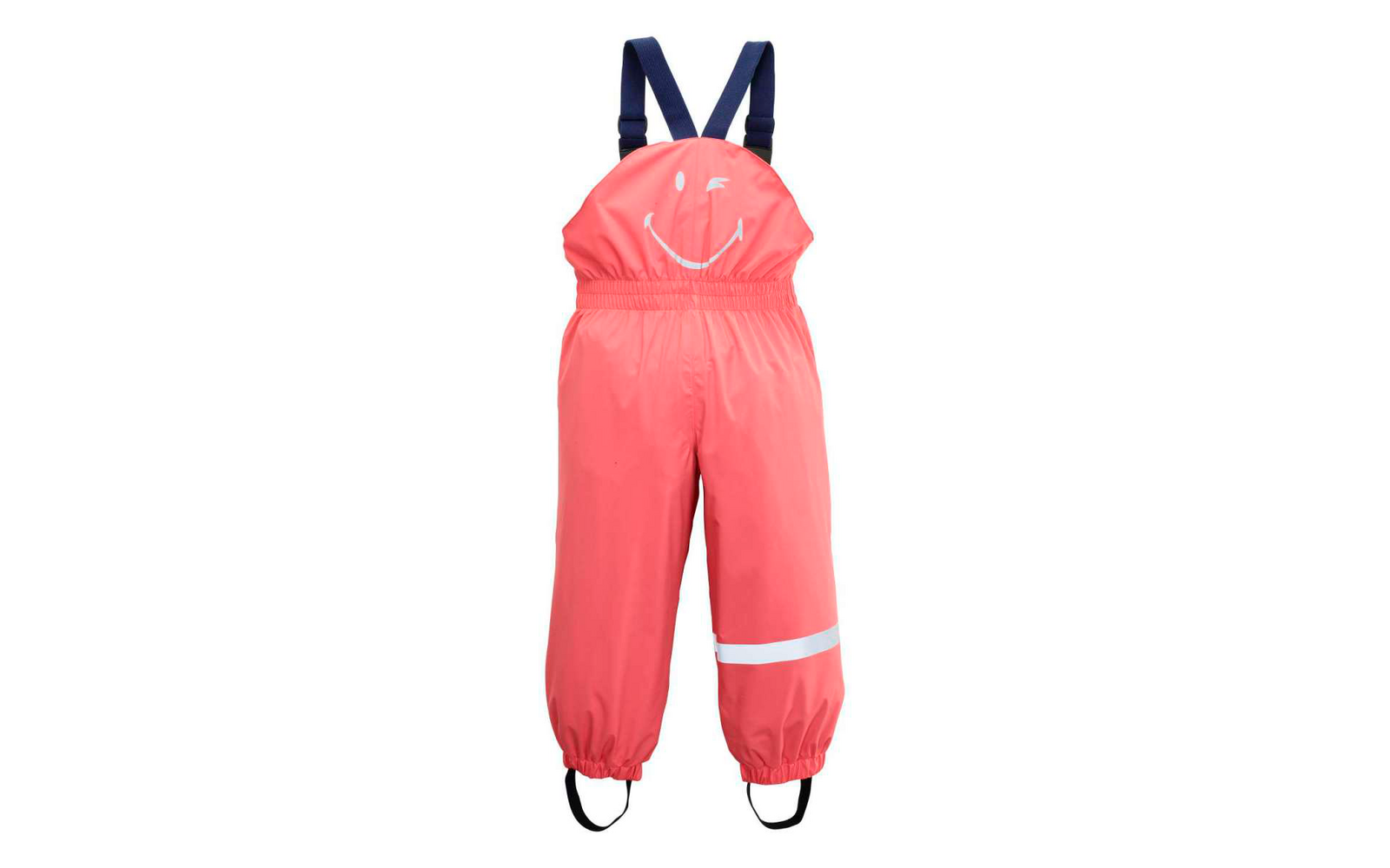 Pantalones impermeables rosas para niños con tirantes ajustables y detalles negros sobre fondo blanco