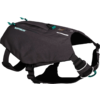 Black dog vest with straps and buckles on gray background