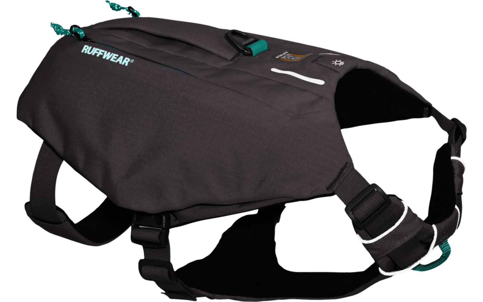 Black dog vest with straps and buckles on gray background
