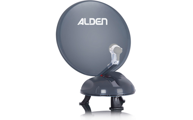 Antenne parabolique grise avec le logo Alden sur fond blanc