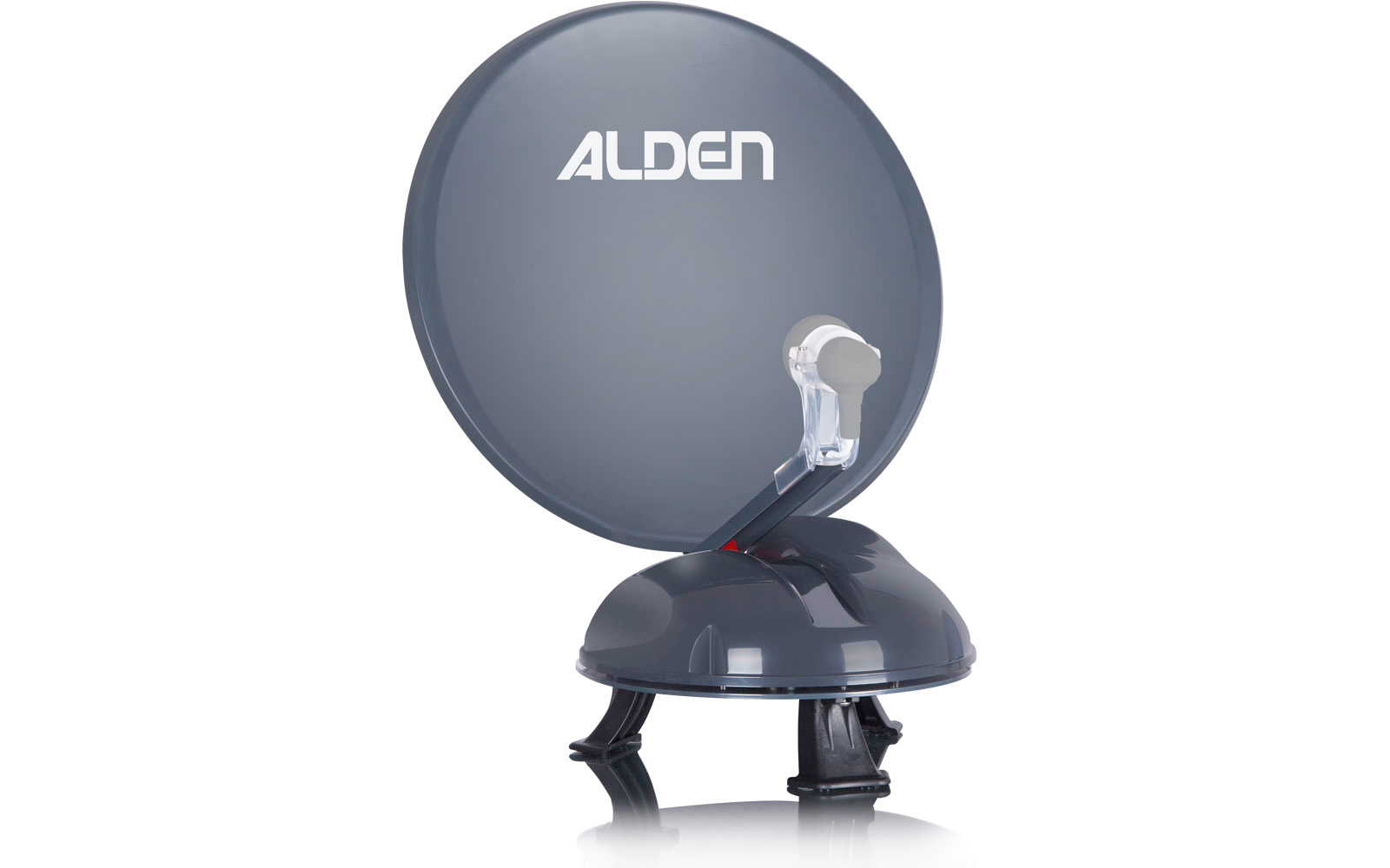 Antenne parabolique grise avec le logo Alden sur fond blanc