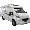 Camper bianco visto di lato con tenda da sole estesa