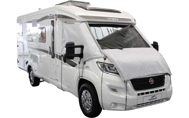 Camper bianco visto di lato con tenda da sole estesa