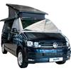 Blauer Camper-Van mit ausgeklapptem Dach und geöffneter Vorderseite