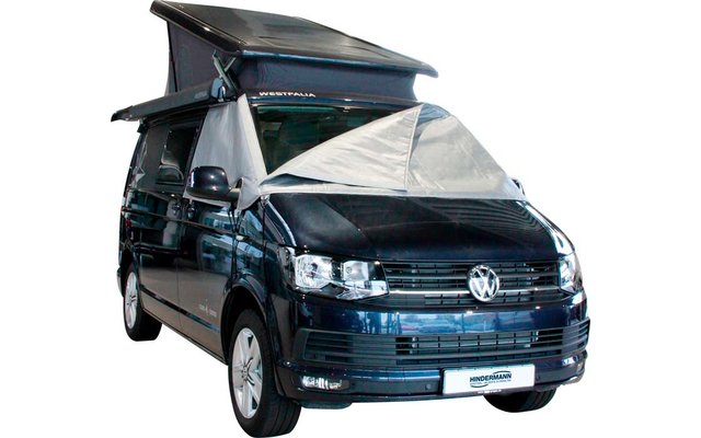 Blauer Camper-Van mit ausgeklapptem Dach und geöffneter Vorderseite