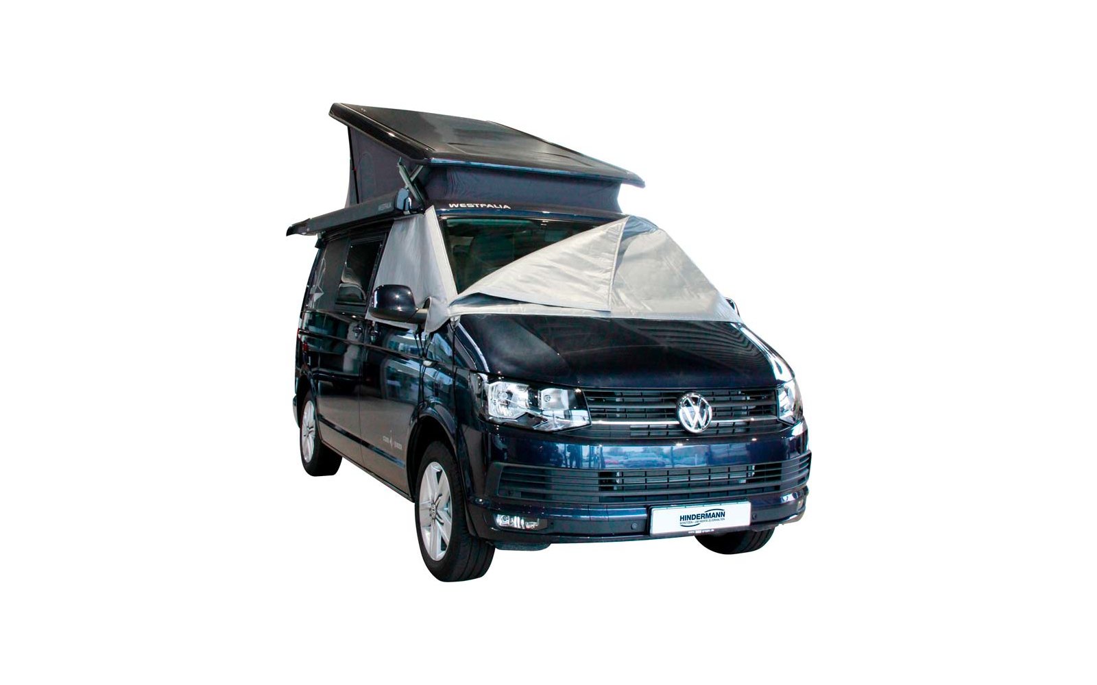 Blauer Camper-Van mit ausgeklapptem Dach und geöffneter Vorderseite