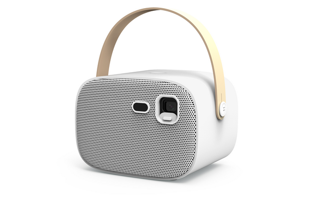 Kompakte weiße tragbare Bluetooth-Lautsprecherbox mit grauem Lautsprechergrill und beige Trageschlaufe