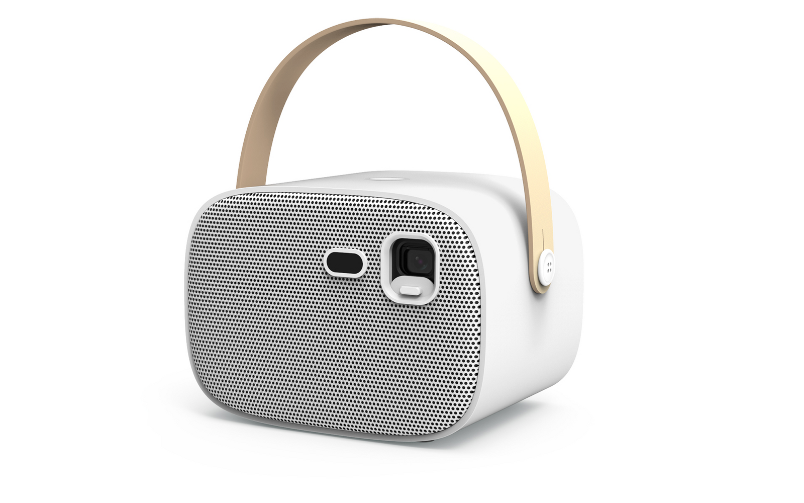 Kompakte weiße tragbare Bluetooth-Lautsprecherbox mit grauem Lautsprechergrill und beige Trageschlaufe
