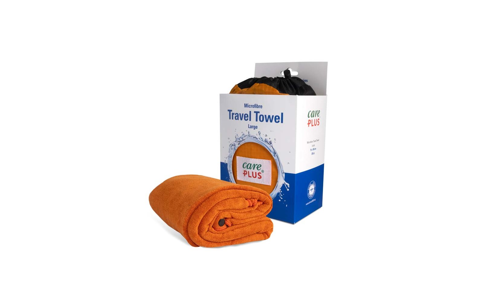 Orangefarbendes Reisehandtuch neben einer Verpackung mit der Aufschrift Travel Towel