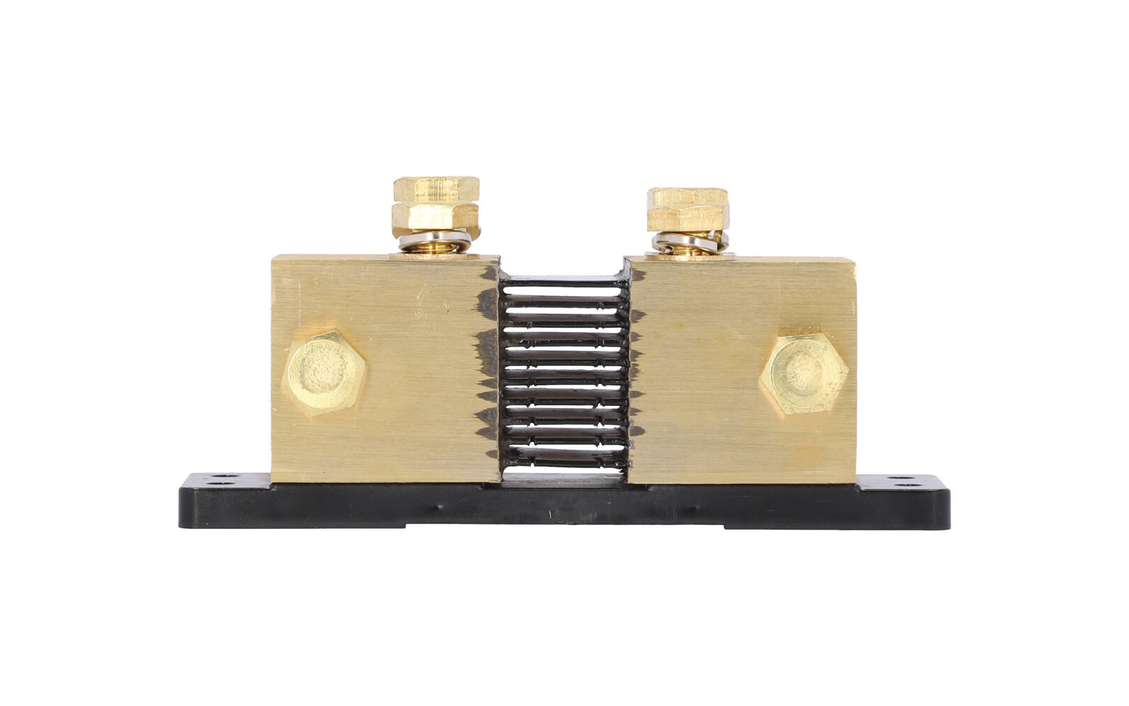 Dos bloques metálicos dorados con tornillos sobre una base negra