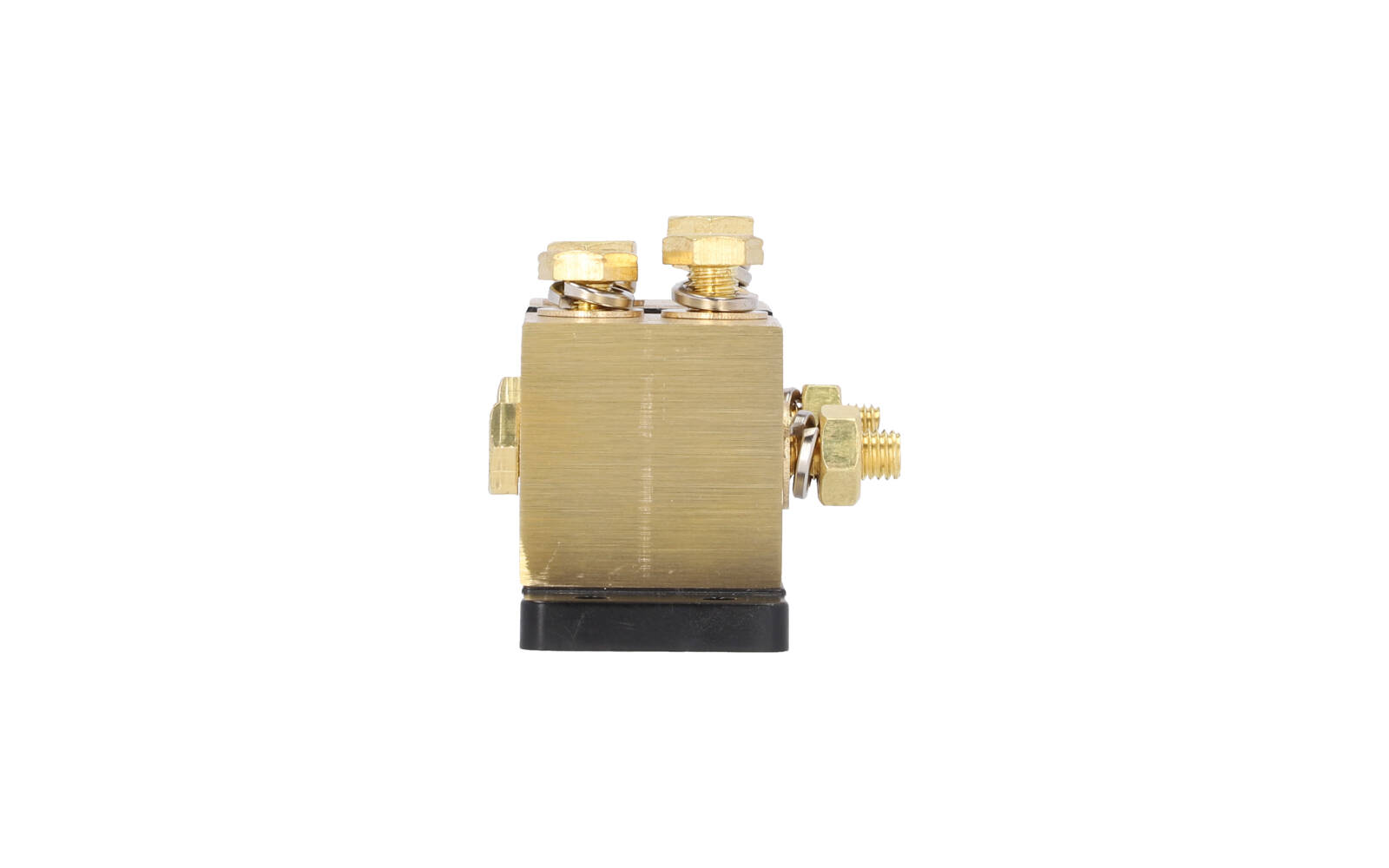Dispositivo metálico de color dorado con tornillos sobre una base negra