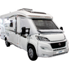 Camper bianco visto di lato con cabina di guida e finestre visibili