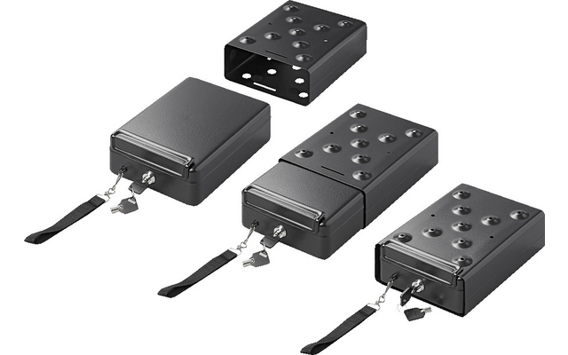 Four black electronic devices with keyboards and antennas, varying in size, on a white background