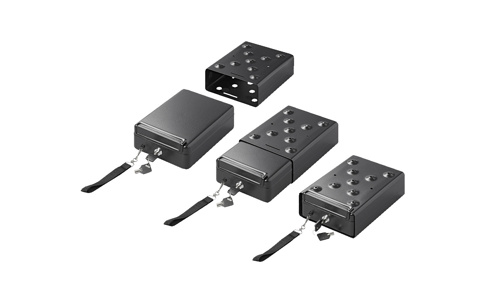 Four black electronic devices with keyboards and antennas, varying in size, on a white background