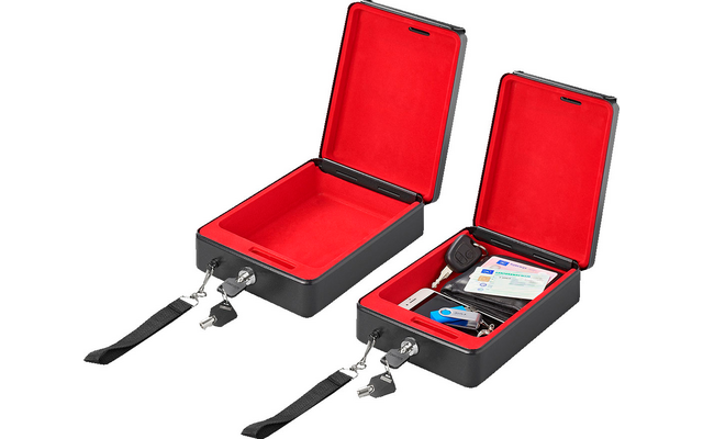 Two opened black cases with red interior, one contains batteries and a charging cable