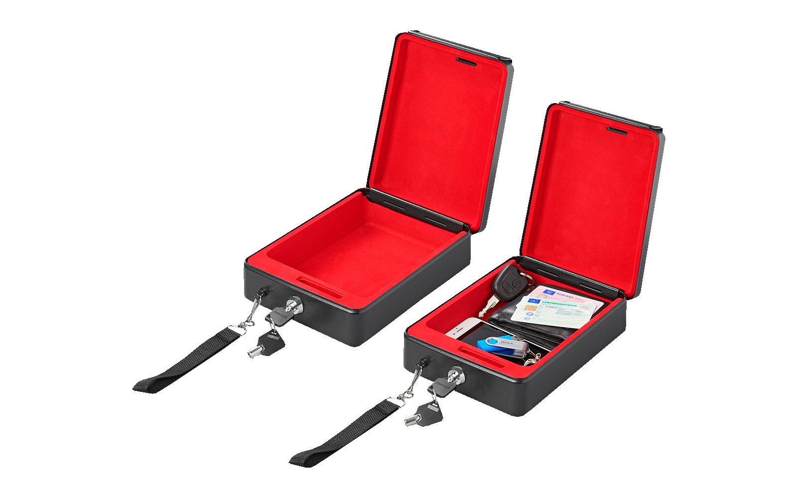 Two opened black cases with red interior, one contains batteries and a charging cable