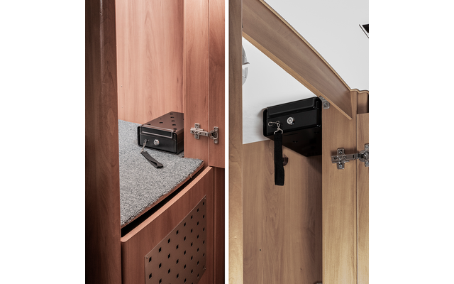 Close-up of a black wall shelf with two hooks on a wooden slat wall