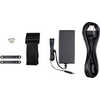 Electronic accessories including power adapter, cables and mounting clips on white background
