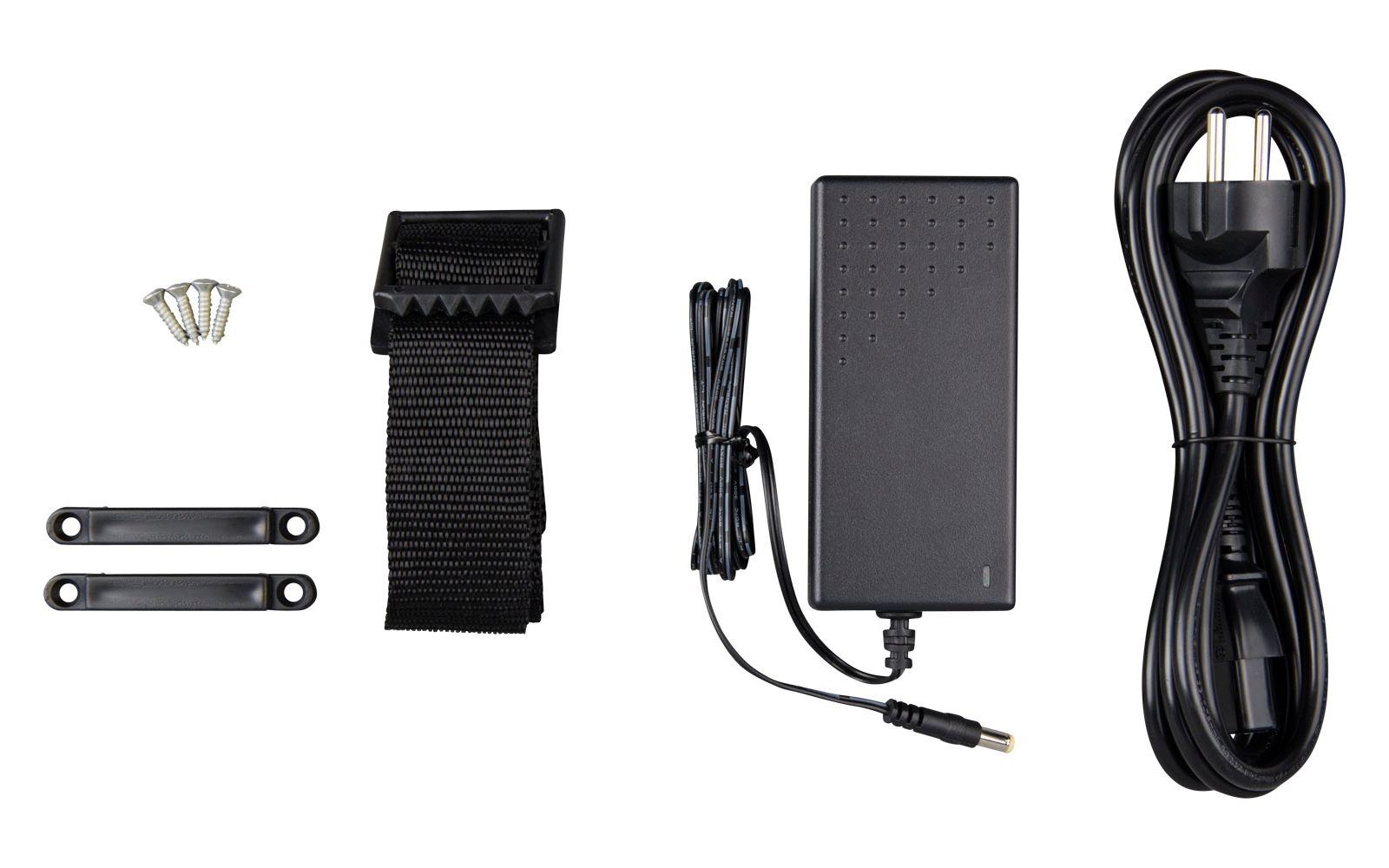 Electronic accessories including power adapter, cables and mounting clips on white background