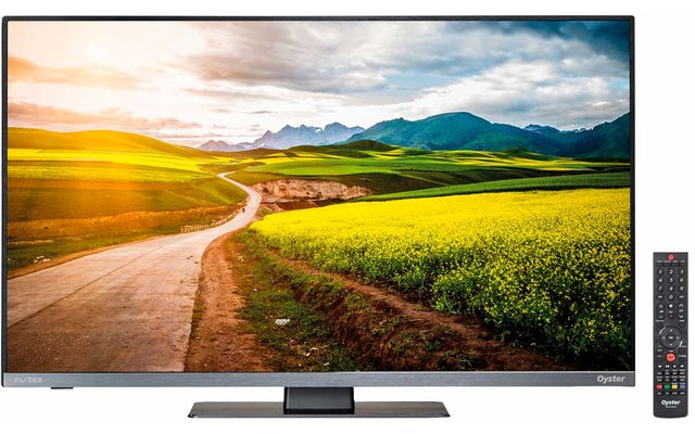 Flaches Fernsehgerät mit Landschaft auf dem Bildschirm und Fernbedienung neben dem Gerät