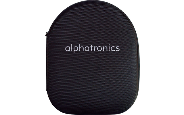 Zwarte ovale tas met een rits en de tekst 'alphatronics' in wit
