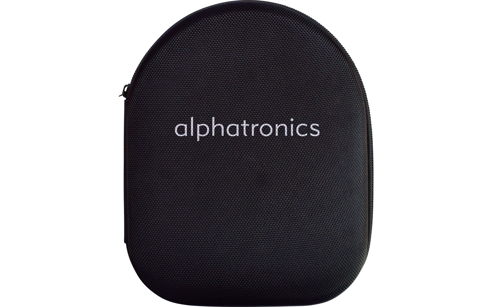 Zwarte ovale tas met een rits en de tekst 'alphatronics' in wit