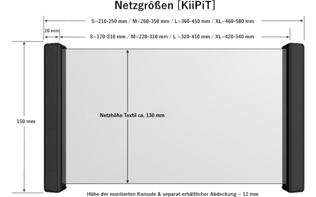 Technische tekening met afmetingen van een rechthoekig object met afgeronde hoeken en zwarte verticale zijden, afmetingen in millimeters