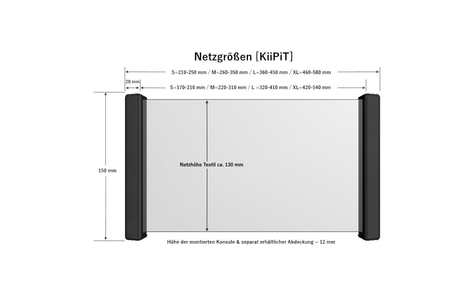 Technische tekening met afmetingen van een rechthoekig object met afgeronde hoeken en zwarte verticale zijden, afmetingen in millimeters