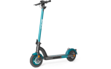Monopattino elettrico blu con manubrio nero e pedana larga