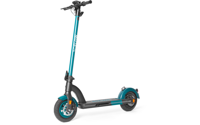 Monopattino elettrico blu con manubrio nero e pedana larga