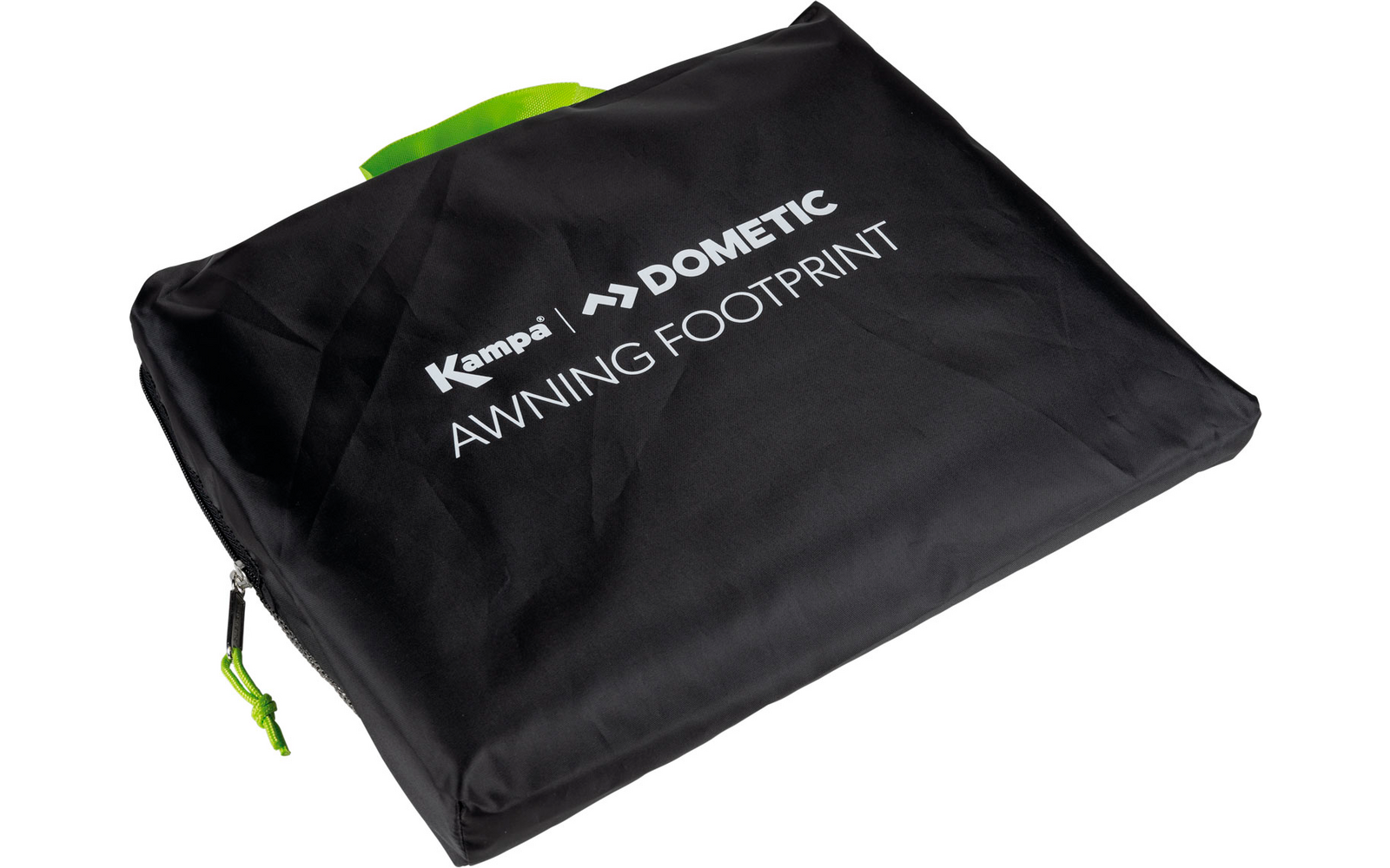 Schwarze gelagerte Tasche mit grünem Henkel und weißem Text
