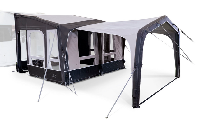 Large freestanding tent with rectangular base, light gray roof, and side windows