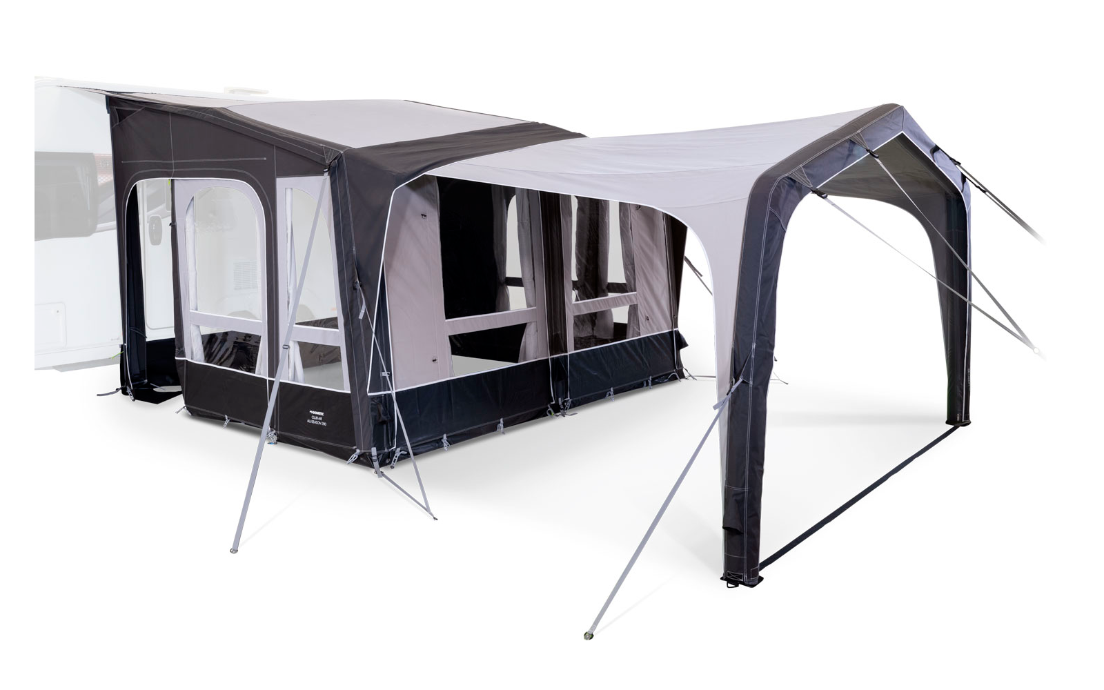 Large freestanding tent with rectangular base, light gray roof, and side windows